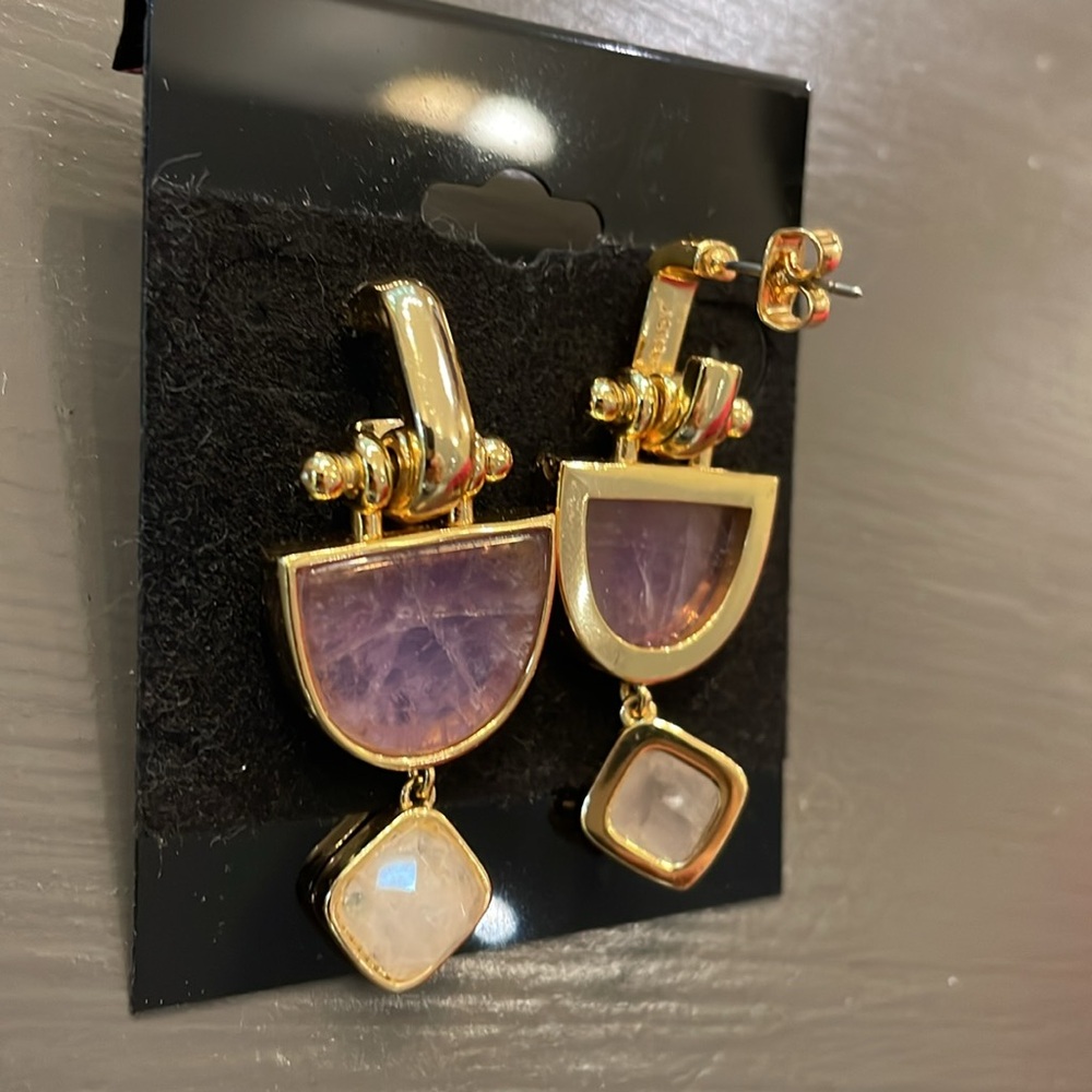 J.Crew Bobbi Stone Drop Earring Purple Multi Quartz Gold Plated, pierced. - Picture 3 of 3